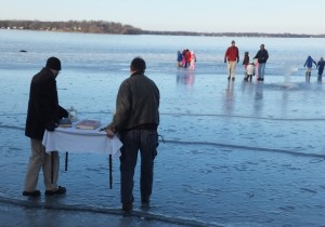 The men setting up the lake for the blessing.
